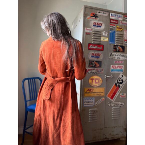 Vintage 70s Suede Trench Coat | Rust Orange Belted Maxi Jacket | Size M - Picture 10 of 13